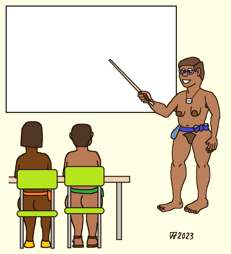 Drawing of a college classroom. A nude woman professor is lecturing to likewise nude female students.